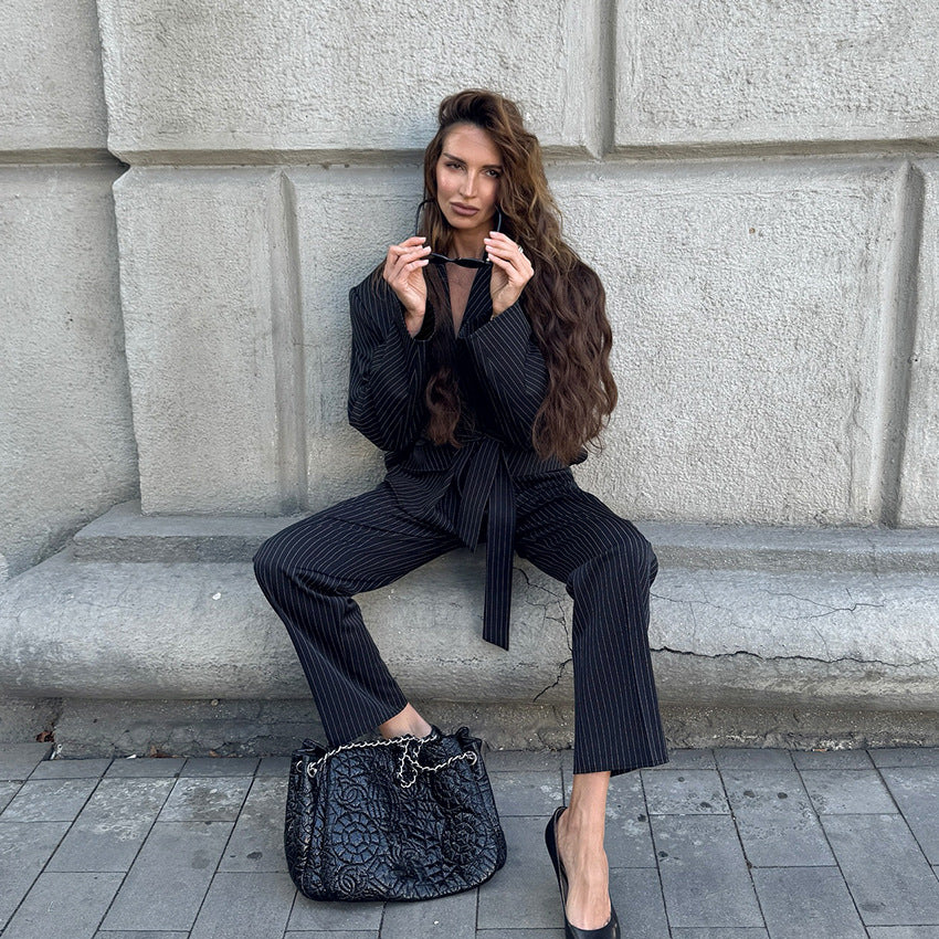 Long sleeved slim fit strap mid waist pencil pants versatile suit set