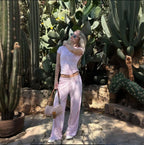 Style à la mode Col rond Couleur unie Pantalon à jambes larges Élégant Ensemble