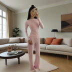 Style à la mode Col rond Couleur unie Pantalon à jambes larges Élégant Ensemble