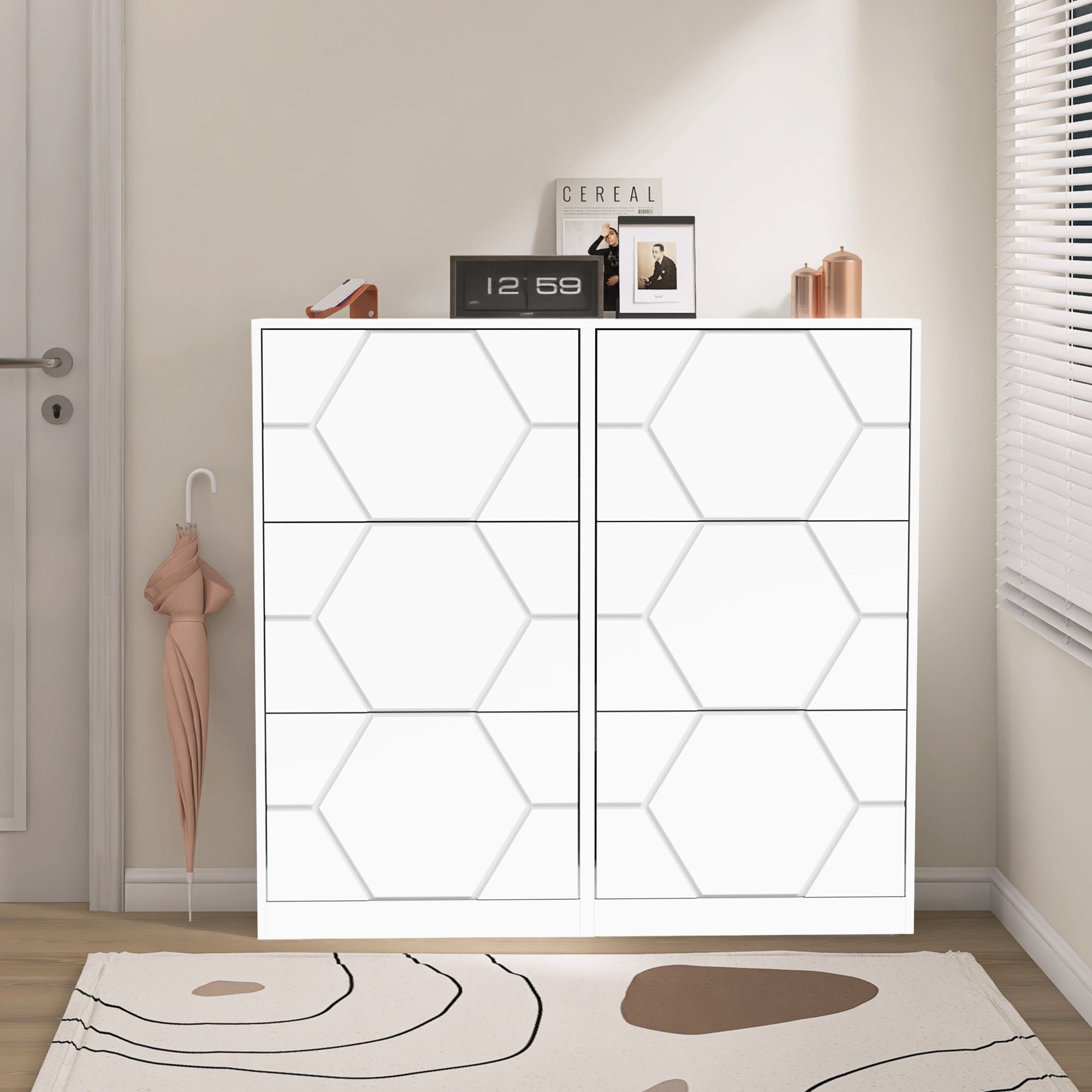 Armoire à chaussures d’entrée, organisateur de chaussures à 6 niveaux avec panneaux sculptés, armoire à chaussures verticale de meubles pour l’entrée de la porte d’entrée