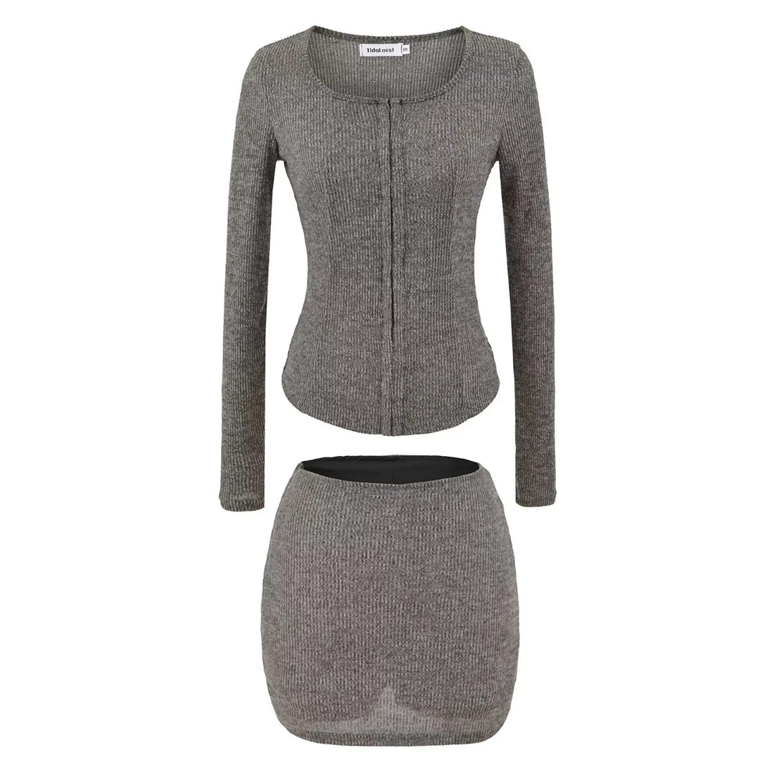 Square Neck Knotted Long Sleeve Knit Top and Fitted Bodycon Skirt Set for Women