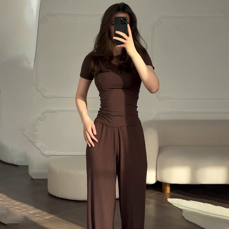 Style à la mode Col rond Couleur unie Pantalon à jambes larges Élégant Ensemble