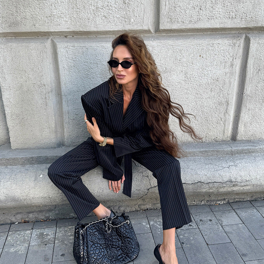 Long sleeved slim fit strap mid waist pencil pants versatile suit set