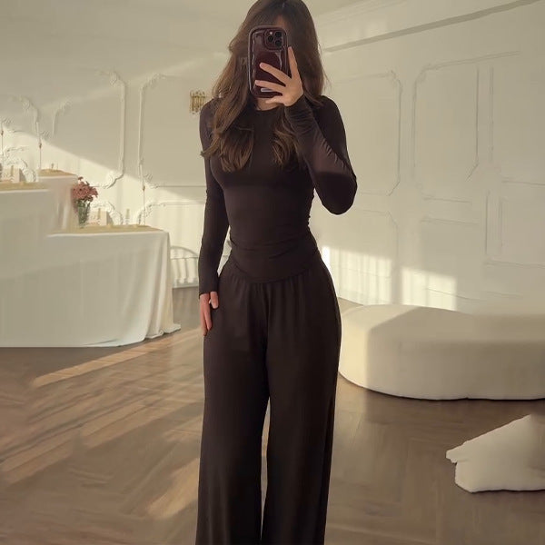 Style à la mode Col rond Couleur unie Pantalon à jambes larges Élégant Ensemble