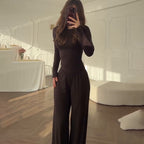 Style à la mode Col rond Couleur unie Pantalon à jambes larges Élégant Ensemble