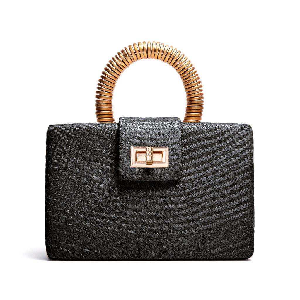 THE GRACIE Black & Gold Woven Buntal Straw Clutch Bag
