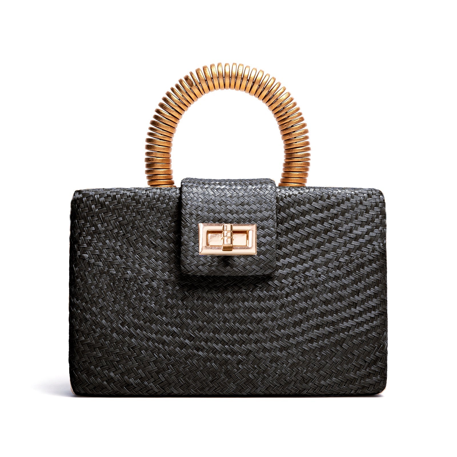 THE GRACIE Black & Gold Woven Buntal Straw Clutch Bag