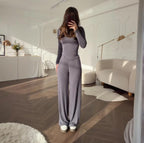 Style à la mode Col rond Couleur unie Pantalon à jambes larges Élégant Ensemble