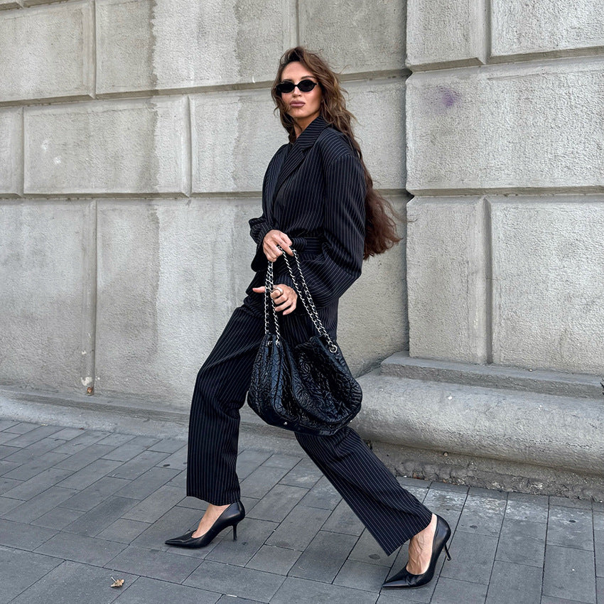 Long sleeved slim fit strap mid waist pencil pants versatile suit set