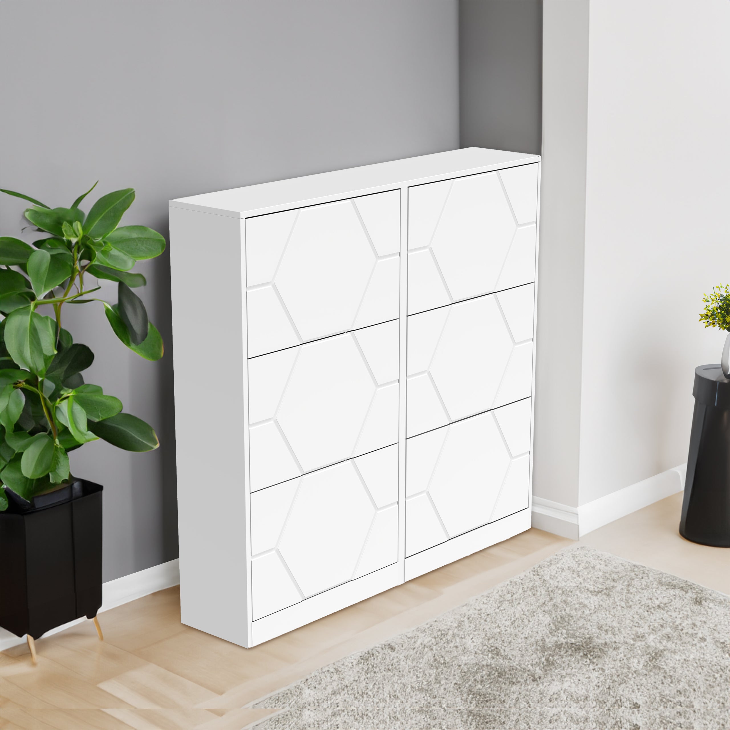 Armoire à chaussures d’entrée, organisateur de chaussures à 6 niveaux avec panneaux sculptés, armoire à chaussures verticale de meubles pour l’entrée de la porte d’entrée