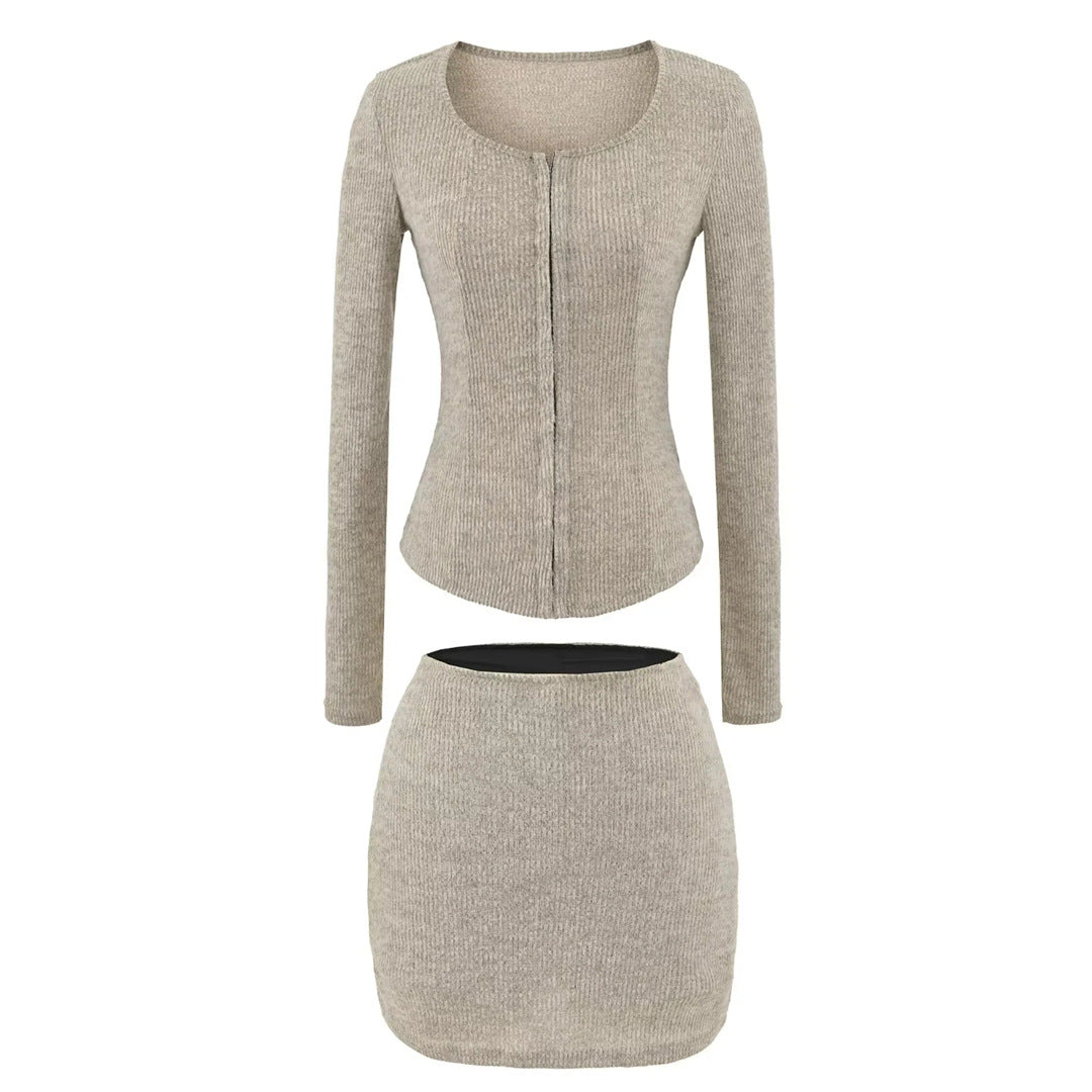 Square Neck Knotted Long Sleeve Knit Top and Fitted Bodycon Skirt Set for Women
