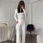 Style à la mode Col rond Couleur unie Pantalon à jambes larges Élégant Ensemble