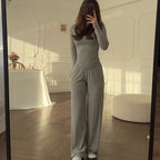 Style à la mode Col rond Couleur unie Pantalon à jambes larges Élégant Ensemble