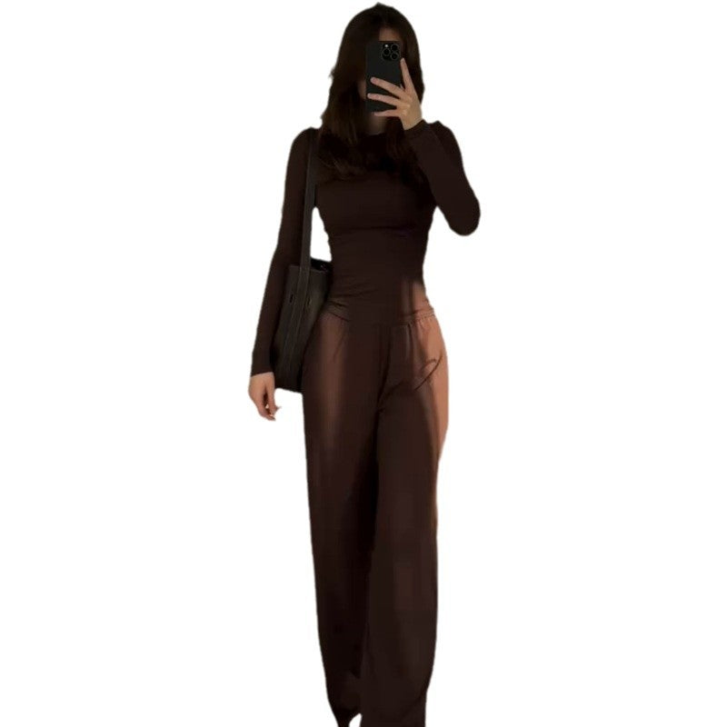 Fashionable Style Round Neck Solid Color Wide Leg Pants Elegant Commute Fashion Set