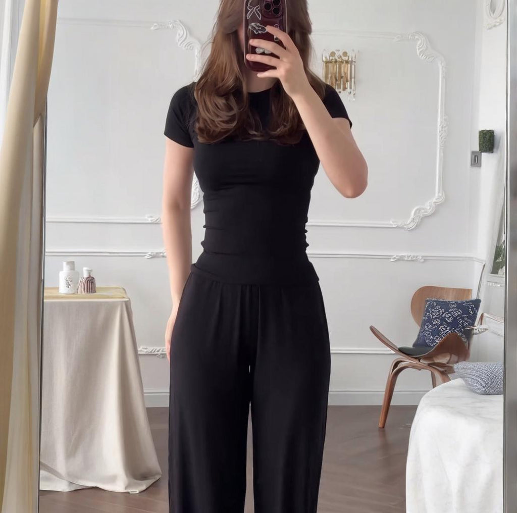 Style à la mode Col rond Couleur unie Pantalon à jambes larges Élégant Ensemble