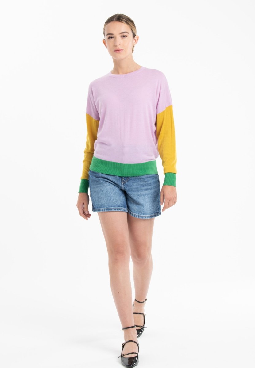 Pull col rond oversize tricolore ultrafin cachemire et laine lavande/jaune/vert femme - KELLY 9