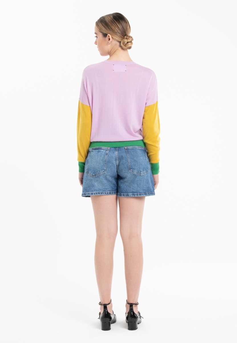 Pull col rond oversize tricolore ultrafin cachemire et laine lavande/jaune/vert femme - KELLY 9