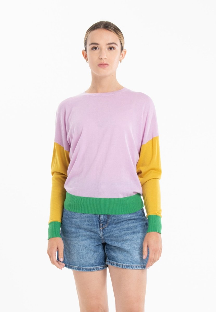 Pull col rond oversize tricolore ultrafin cachemire et laine lavande/jaune/vert femme - KELLY 9