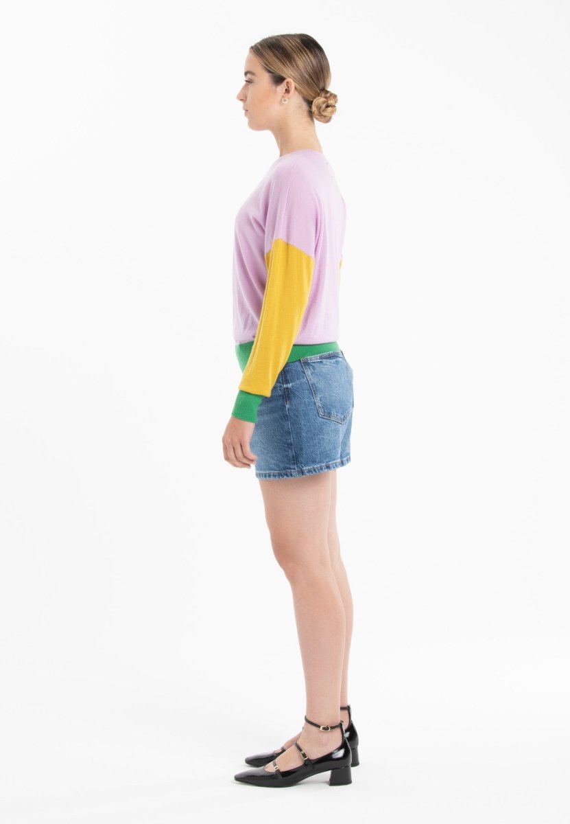 Pull col rond oversize tricolore ultrafin cachemire et laine lavande/jaune/vert femme - KELLY 9