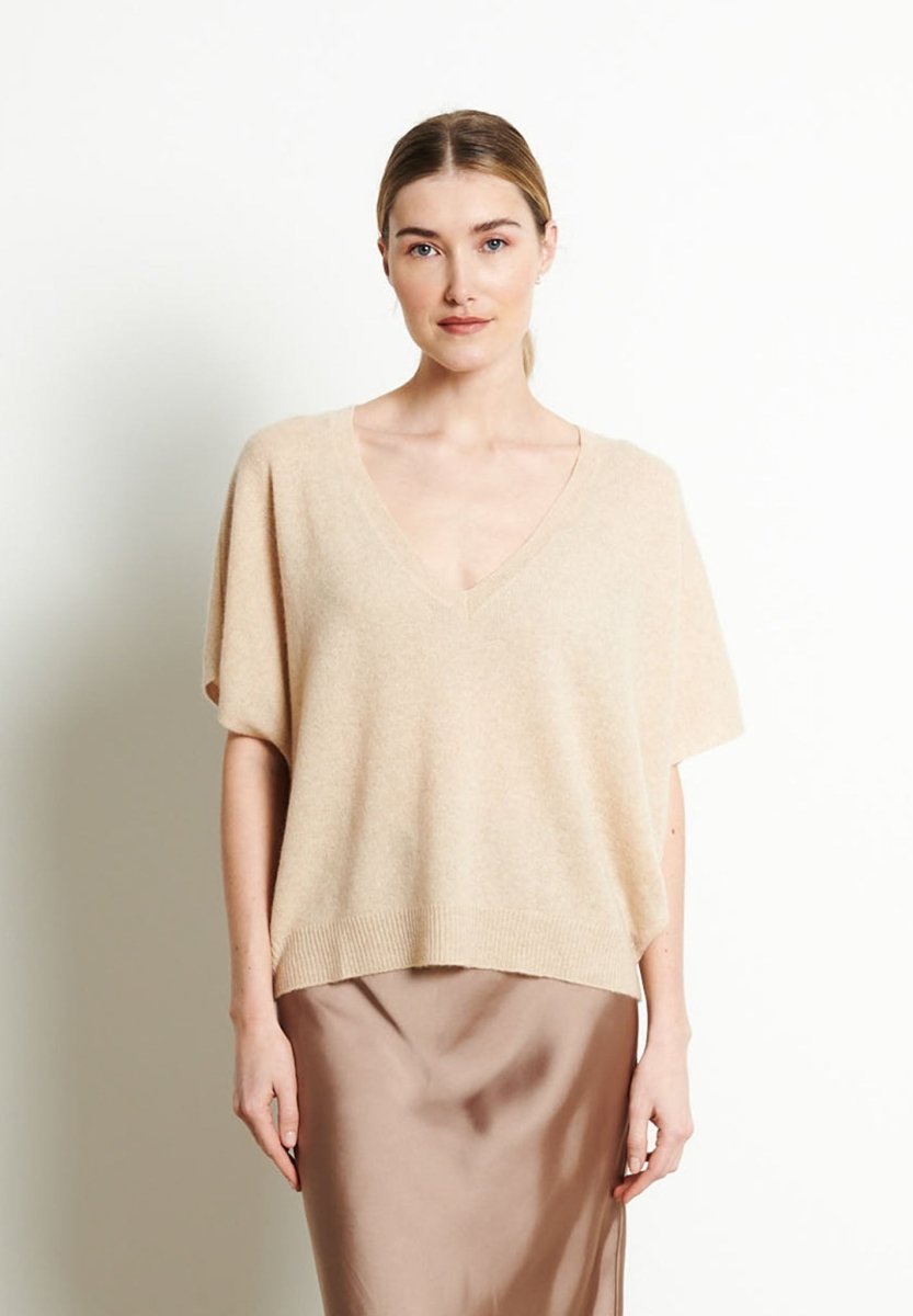 Pull col V cachemire beige femme - RIA 25