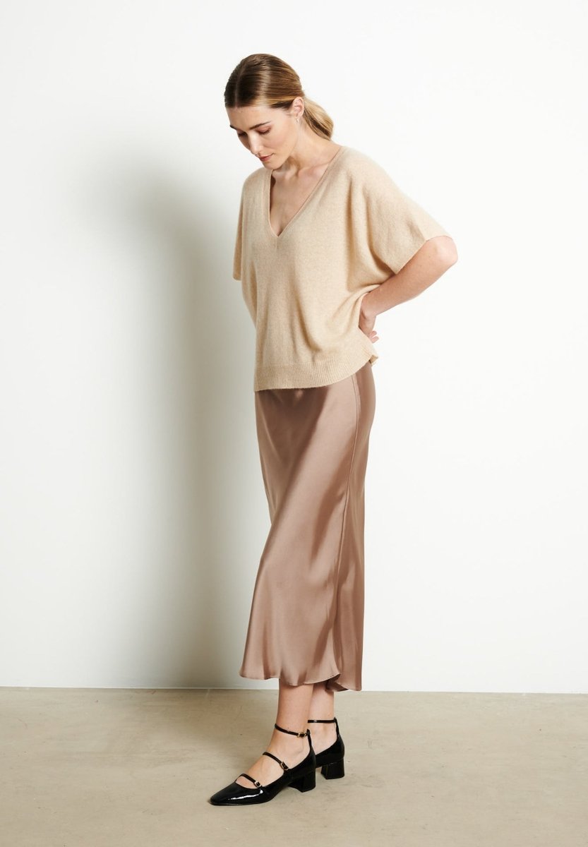 Pull col V cachemire beige femme - RIA 25