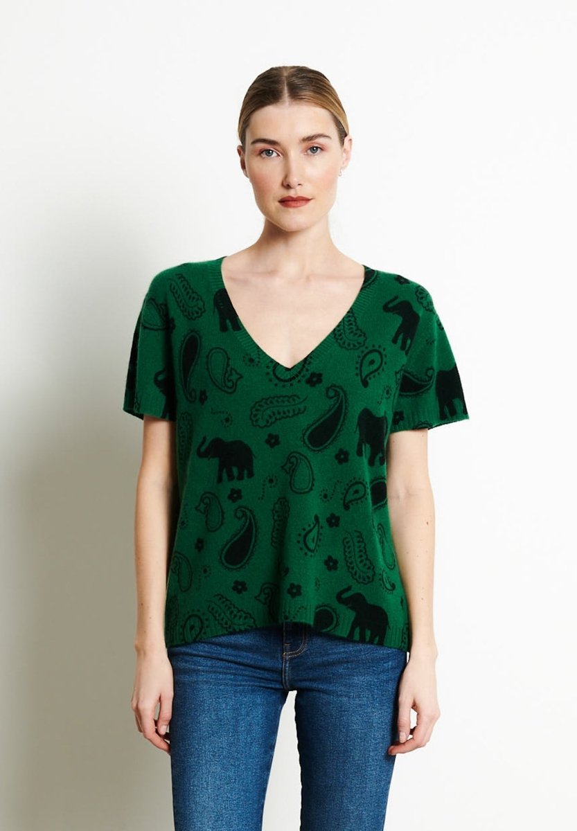 T-shirt col V cachemire vert émeraude/imprimé femme - RIA 6