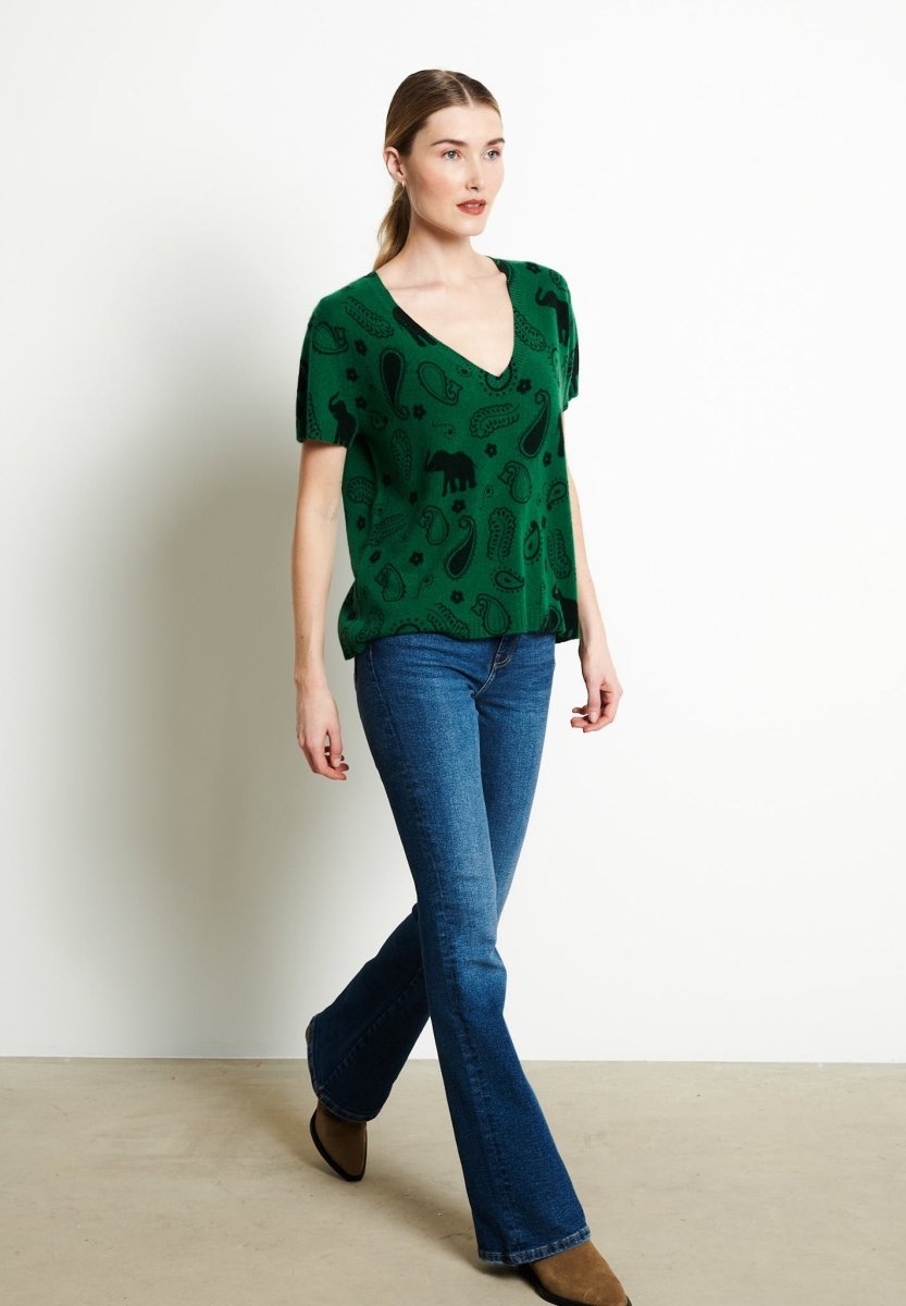 T-shirt col V cachemire vert émeraude/imprimé femme - RIA 6